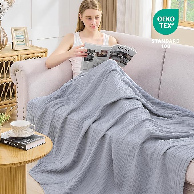 EMME Cotton Muslin Large Throw Blanket Couch Breathable Gauze Blanket Soft Lightweight Bed Blankets Adults (Dusty Blue, 50"x70")