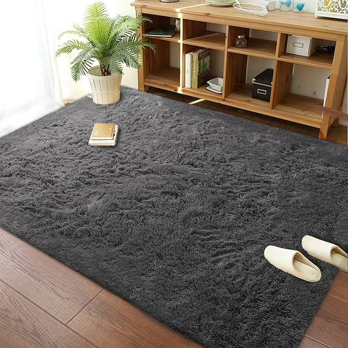 Merelax Soft Modern Indoor Large Shaggy Rug for Bedroom Livingroom Dorm Kids Room Home Decorative, Non-Slip Plush Fluffy Furry Fur Area Rugs Comfy Nursery Accent Floor Carpet 5 X 8 Feet, Dark Grey