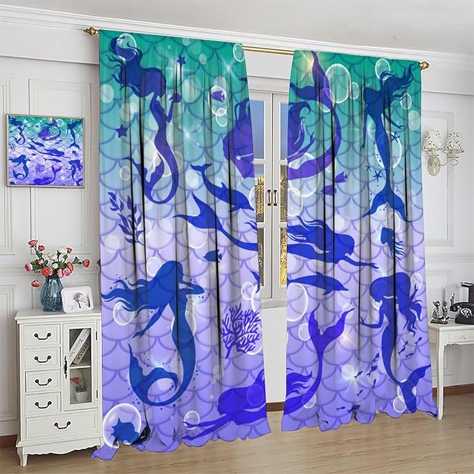 Mermaid Kids Girls Curtains Fantasy Mermaid Silhouette Ocean Theme Beautiful Blackout Window Treatment for Girls Bedroom Nursery Room Decor Rod Pocket Window Drapes 63" W X 63" L