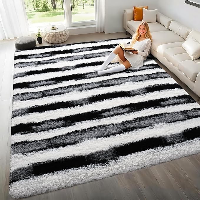 6x9 Feet Area Rugs for Living Room Bedroom,Black and White Machine Washable Soft Fluffy Shaggy Indoor Rug, Floor Carpet for Girls Boys Kids, Dorms, Nursery Rooms, Home Decor Aesthetic
