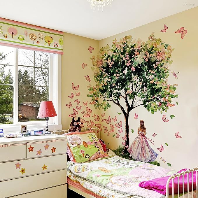 Fairy Garden Wall Decals, Pink Butterfly Large Tree with Princess Design, Removable Peel and Stick Nursery Decor, Cute Girls Room Wall Stickers, 33.5x32.3 Inch (Green Pink)