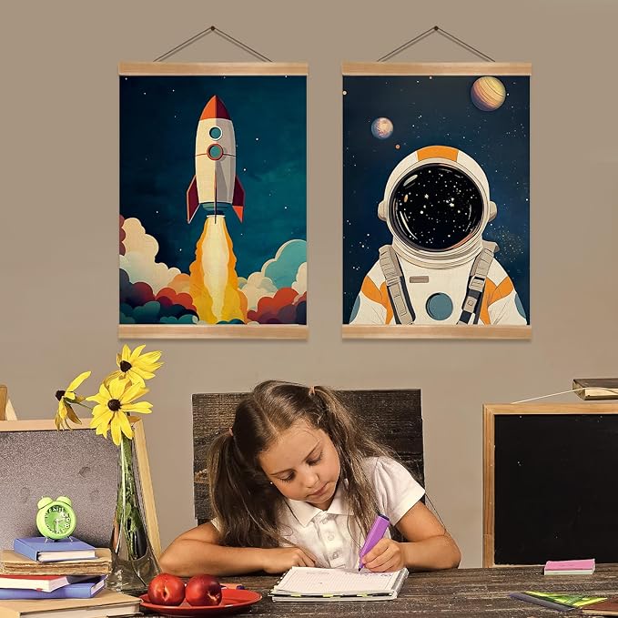 Astronauts and Rockets Poster Wall Art set of 2, Universe Wall Decor Wood Hanger, Spaceship Classroom Decor, Outer Space Planets Poster for Boys and Girls Nursery, Bedroom, Playroom, Toddler and Kids Room(Space travel-02)