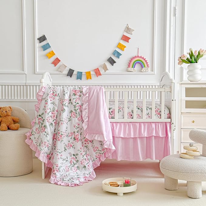 3 Pieces Pink Rose Flowers Crib Bedding Set Baby Ruffled Quilted Comforter with Fitted Sheet and Bed Skirt - Cute Ruffled Shabby Chic Baby Girls Bedding Soft Blanket Floral Design