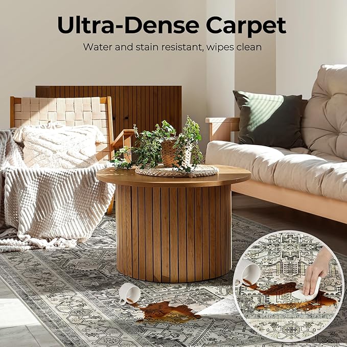 WITSHOCK Living Room Area Rugs 4x6: Washable Rug Boho Soft Non-Slip Low Pile Stain Resistant Foldable Carpet for Bedroom Playroom Dining Room Office Kitchen Farmhouse Home Decor Rug-Brown/Lvory
