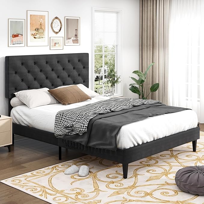 Full Size Bed Frame with Headboard, Upholstered Platform Bed with Adjustable Button Tufted Headboard, Fabric Bed Frame with Wooden Slats Support, No Box Spring Required, Easy Assembly, Dark Grey