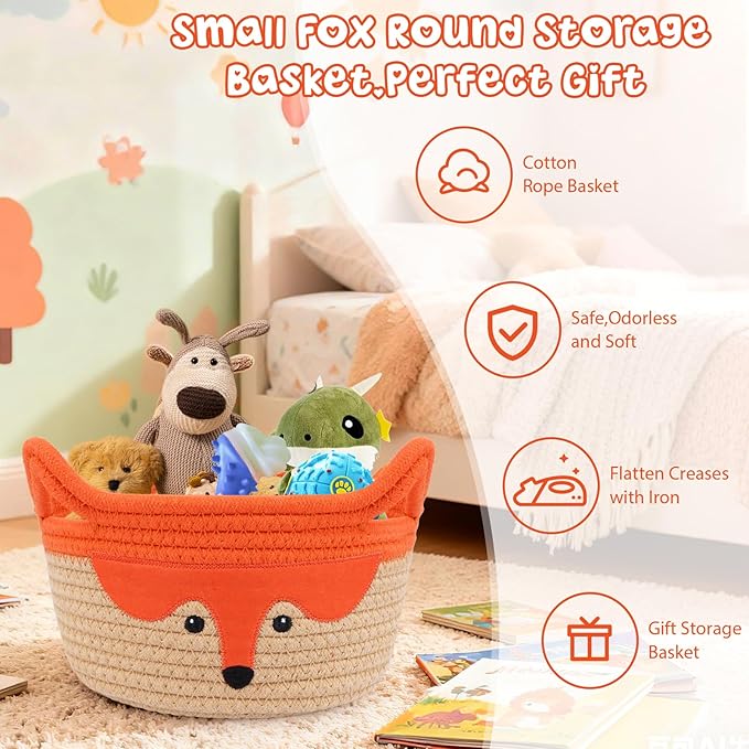 Small Storage Basket, Cute Fox Animal Gift Basket for Nursery, Woven Rope Cotton Storage, Soft Baby Towel 0rganizer with Ears Handles, Caddy Blanket Towel Decor Storage Bin, 8.2"D x 4.7"H in