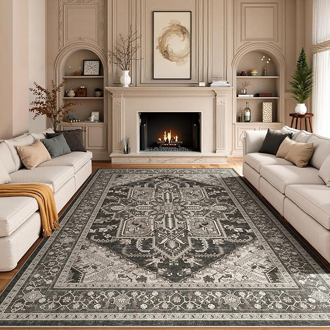 WITSHOCK Black 10x14 Large Living Room Rugs: Washable Modern Vintage Boho Soft Low Pile Stain Resistant Foldable Carpet for Bedroom Playroom Dining Room Office, Distressed Farmhouse Floral Home Decor