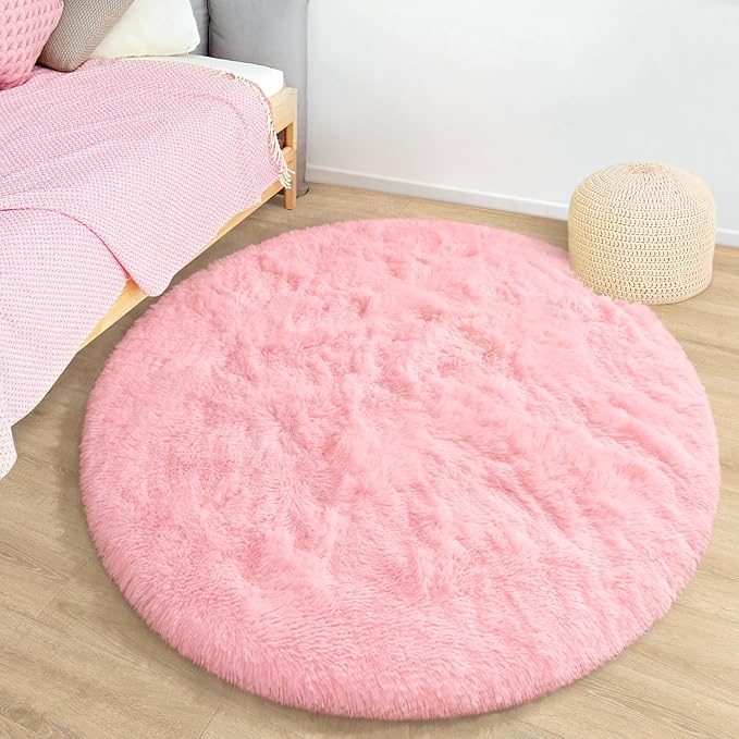 EVOIONOS Pink Round Rug for Bedroom, 5x5 Ft Fluffy Soft Circle Area Rugs for Living Room, Plush Shaggy Circular Carpet for Indoor Floor Bedside Girls Nursery, Machine-Washable Home Decor Aesthetic