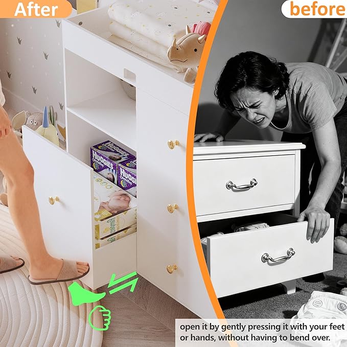 Baby Changing Table Dresser,Diaper Changing Table with Large Tabletop,4 Drawers, Open Storage Space & Side Shelves,Modern Storage Crib with Changing Table for Nurseries and Baby Rooms,White