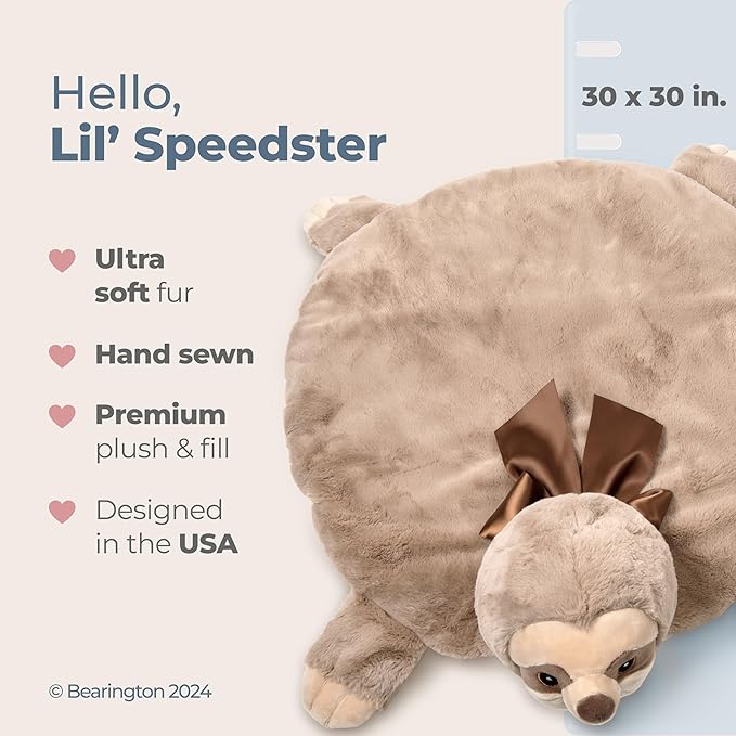 Bearington Lil’ Speedster Sloth Tummy Time Mat - 30" x 30" Plush Baby Mat for Floor - Soft Quilted Velour Baby Play Rug and Blanket for Newborns - Washable Nursery Décor Gift for Boys or Girls