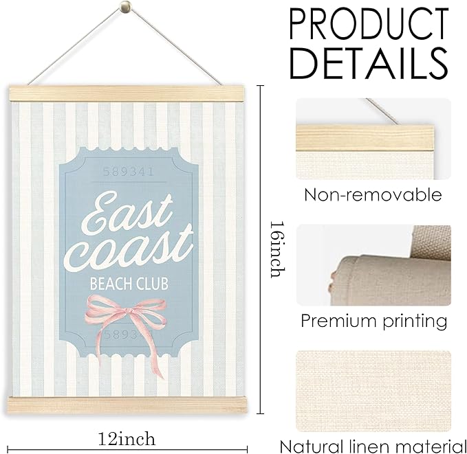 BESERH Blue Coastal Wall Art Posters, Beach Wall Decor, Beachy Coastal Room Decor, Coquette Preppy Bow Blue Striped East Coast Beach Club Aesthetic Canvas Prints Artwork Framed, 12x16 Inch