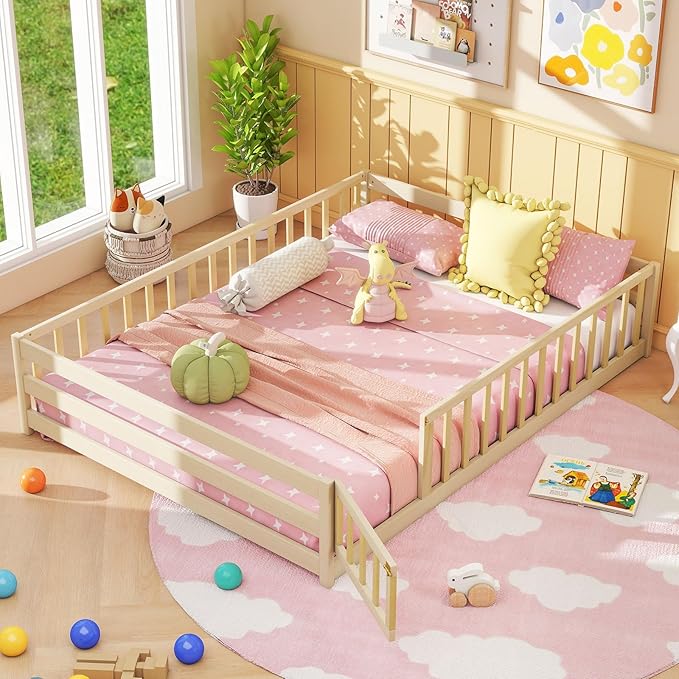 Giantex Full Floor Bed with Door & Fence, Kids Wood Montessori Beds with Safety Guardrails, Floor Bed Twin for Kids, Boys, Girls, No Box Spring Needed, Natural