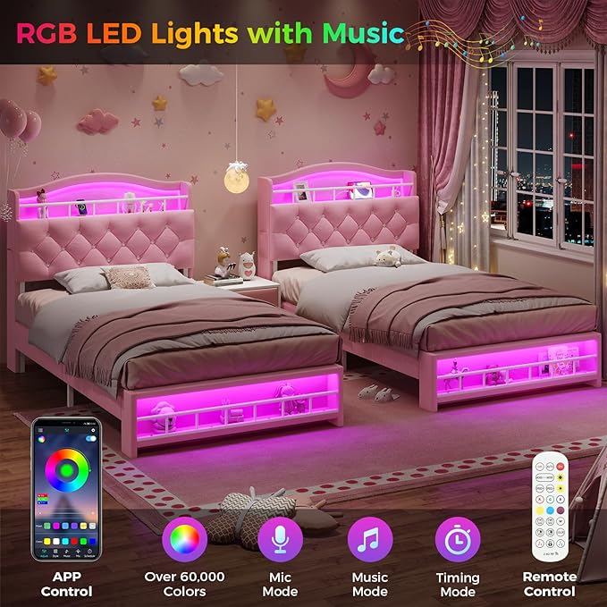BTHFST Twin Szie Girls Bed with LED Lights & Charging Station, Princess Twin Size Bed Frame with Hidden Storage Headborad, Sturdy Platform Bed, No Box Spring Needed/Noise-Free/Easy Assembly, Pink