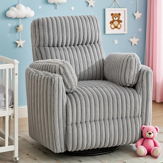 Power Nursery Rocking Chairs Swivel Glider Reclining Chair with 2 Pillows, Nursery Glider Rocking Recliner with Type-C & USB Charger Port, Corduroy Upholstery Armchair for Living Room/ Light Grey