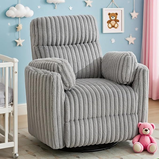 Power Nursery Rocking Chairs Swivel Glider Reclining Chair with 2 Pillows, Nursery Glider Rocking Recliner with Type-C & USB Charger Port, Corduroy Upholstery Armchair for Living Room/ Light Grey