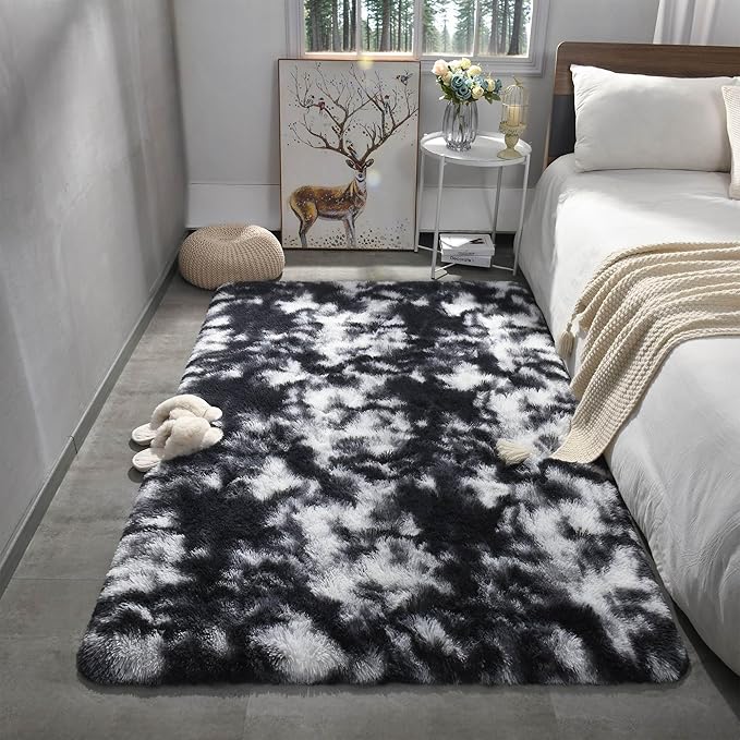 Merelax Soft Area Rugs for Livingroom Bedroom, Shaggy Plush Fuzzy Fluffy Carpet Furry Fur Rug, Modern Indoor Comfy Nursery Kids Dorm Home Decor Floor Mat, 4 x 6 ft, Tie-Dyed Black & White