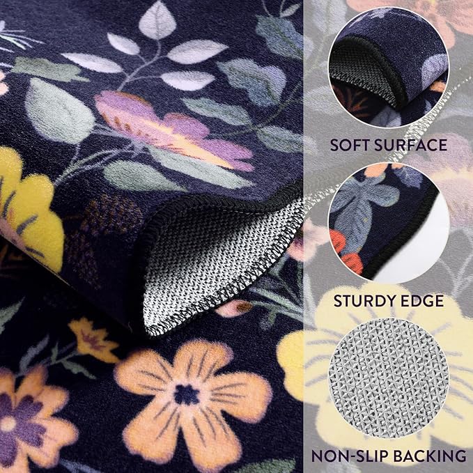 Lahome Floral Entryway Rug, 2X3 Washable Kitchen Rug Non-Slip, Ultra-Thin Soft Door Mat Indoor Entrance Stain Resistant Boho Small Low-Pile Throw Carpet for Bathroom Bedroom(2x3ft,Purple)