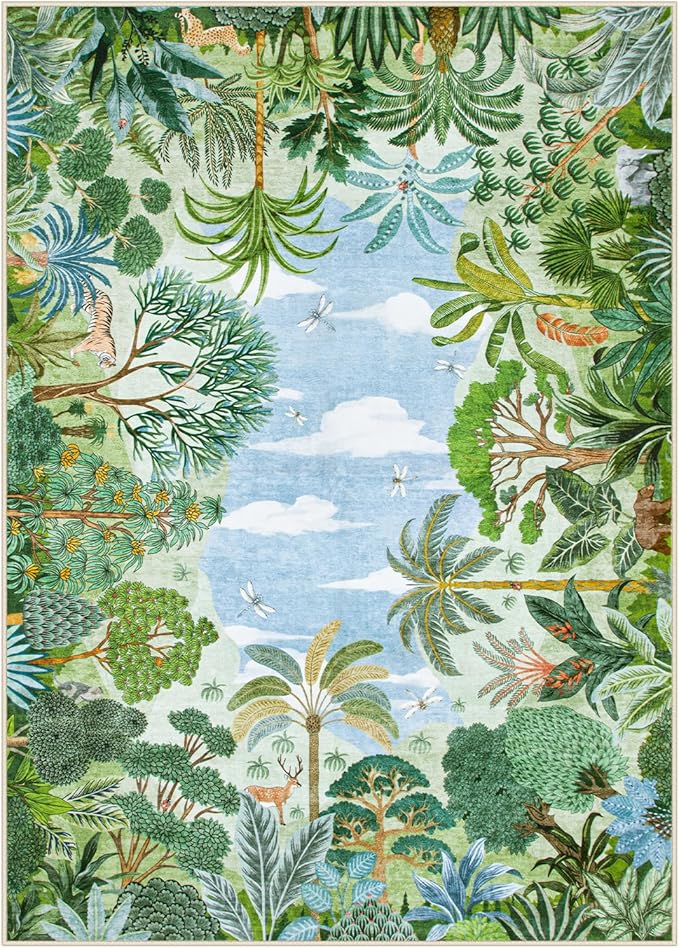 Lahome Summer Jungle Rug, Washable Rugs 5x7 for Bedroom, Green Forest Soft Carpet for Living Room, Summer Season Non Slip Non Shedding Dining Room Carpet for Under Table Classroom Entryway