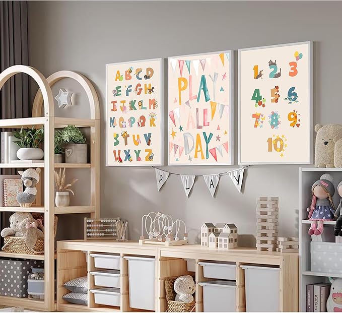 Burshley 3pcs Children Playroom Wall Art Canvas Prints ABC Learning Posters Play All Day Flags 123 Counting Paintings Colorful Educational Kids Wall Decor Nursery Kindergarten Decoration Unframed