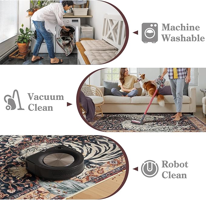 Moynesa Tiger Washable Area Rug, 9x12 Living Room Rug, Vintage Non Slip Large Rug for Dining Room, Ultra Thin Boho Soft Stain Resistant Indoor Carpet for Bedroom Guest Room, Puce Red
