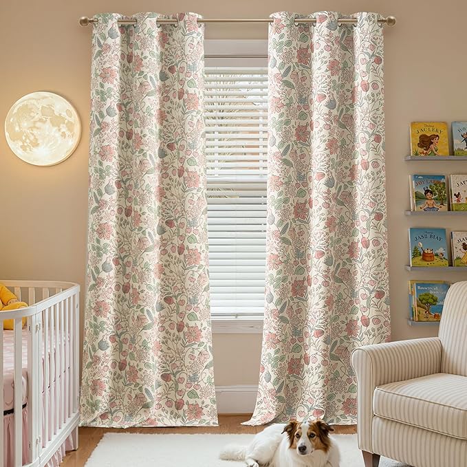 jinchan Nursery Curtains 95% Blackout Pink 96 Inch Long Floral Curtains for Girls Room, Farmhouse Drapes for Living Room Bedroom Darkening Window Treatment Grommet Top Set of 2 Panels