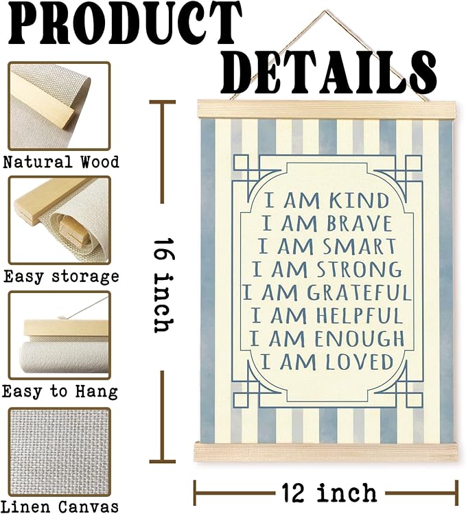 Hiuwevt Boy Nursery Wall Art, I Am Kind Inspirational Poster Hanger Frame, Blue Positive Affirmations Wall Art Home Decor for Toddler Boys Room Bedroom Nursery Playroom, 12x16 Inch
