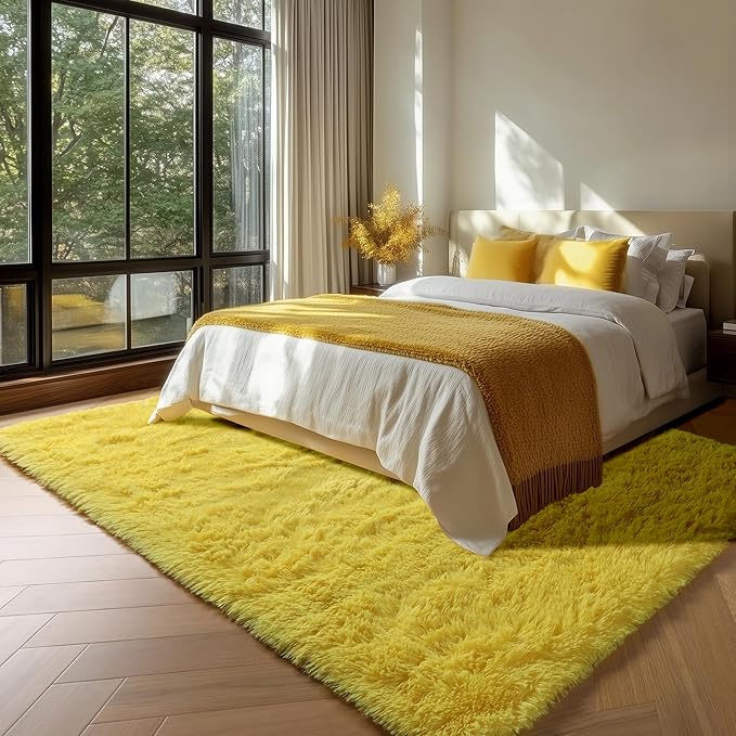 ONASAR Yellow Rugs for Living Room Bedroom, 5x8 Washable Fluffy Bedside Area Rug, Soft Plush Shaggy Indoor Floor Carpet for Nursery Kids Girls Boys Teen Dorm Home Office Decor Aesthetic
