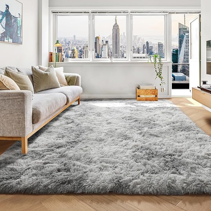 ONASAR Area Rugs for Bedroom Living Room, 4x6 Tie-Dyed Light Grey Fluffy Shaggy Bedside Throw Rug, Washable Indoor Soft Plush Floor Carpet for Nursery Kids Girls Boys Teen Dorm Home Office Decor