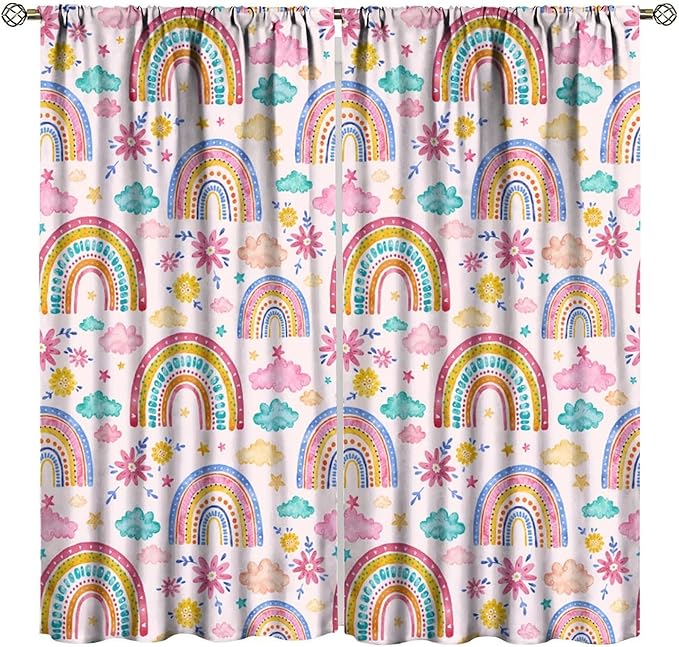 Kids Rainbow Curtains Boho Cartoon Colorful Stars Pink Lovely Rainbow Abstract Art Pattern Print Window Drapes for Bedroom Living Room Kitchen Decor,2 Panel Set,42x63 Inch Blackout