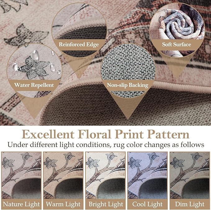 Machine Washable Rugs Nursery Rug 5x7 Cute Girl Non Slip Low Pile Water Repellent Soft Print Pattern for Bedroom Indoor Decor Kids Playroom Coffeebeige