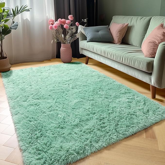 ONASAR Sage Green 3x5 Rugs for Bedroom, Fluffy Bedside Area Rug, Washable Soft Plush Shaggy Small Floor Throw Carpets for Living Room Preppy Dorm Teen Kids Girls Boy Baby Nursery Home Decor Aesthetic