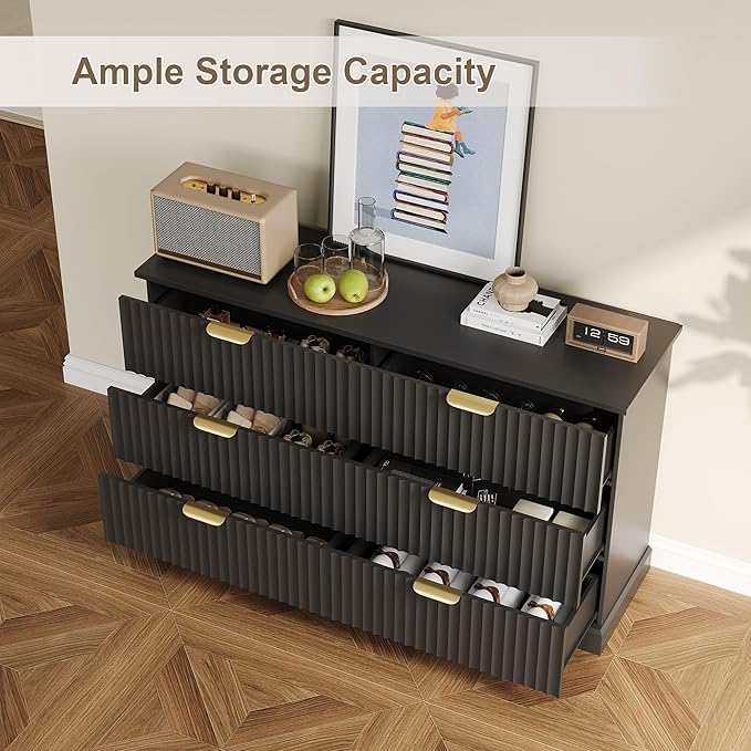 Fluted Dresser with 6 Drawers for Bedroom, 53.14" Wide Dresser with Metal Handle, Wooden Chest of Drawers for Bedroom, Living Room, Entryway, Black