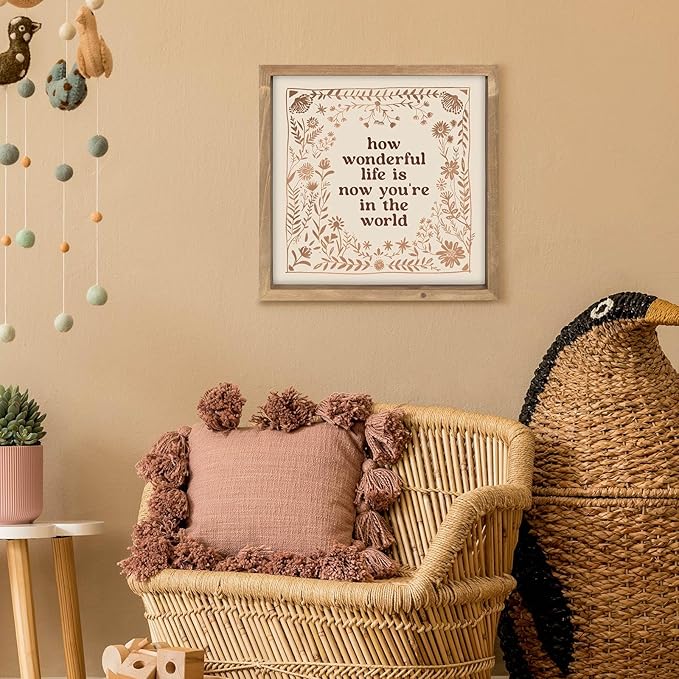 pechpell 11.8 Inch Nursery Wall Decor, Wooden How Wonderful Life Is Now You're In The World Sign, Boho Vintage Baby Girl Woodland Nursery Art Kids Room Table Shelf Decorations for Home Playroom