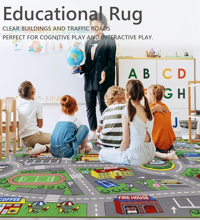 Kids Rug 6'6" x 9'8" City Life Playmat Area Rug Car City Map Washable Traffic Road Educational Learning Nursery Rug Carpet for Children Playroom Living Room Bedroom Classroom Decor Green