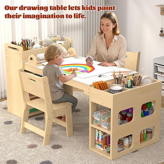 50″Lx22″W Kids Art&Craft Table and 2 Chairs Set, Portable Supply Organizer and Paper Roll Dispenser, Art Desk and Craft Table for Kids, Toddler Activity and Coloring Tables with Storage(White)