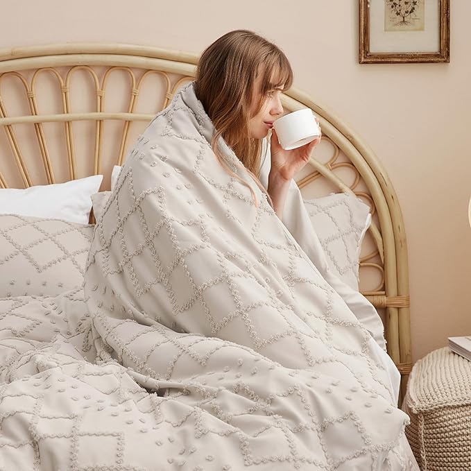 Bedsure Boho Twin Duvet Cover Size - Beige Breathable & Soft Boho Bedding, Machine Washable Comforter Cover for All Seasons, Includes 1 Duvet Cover 68"x90" with 1 Pillow Sham & Zipper Closure