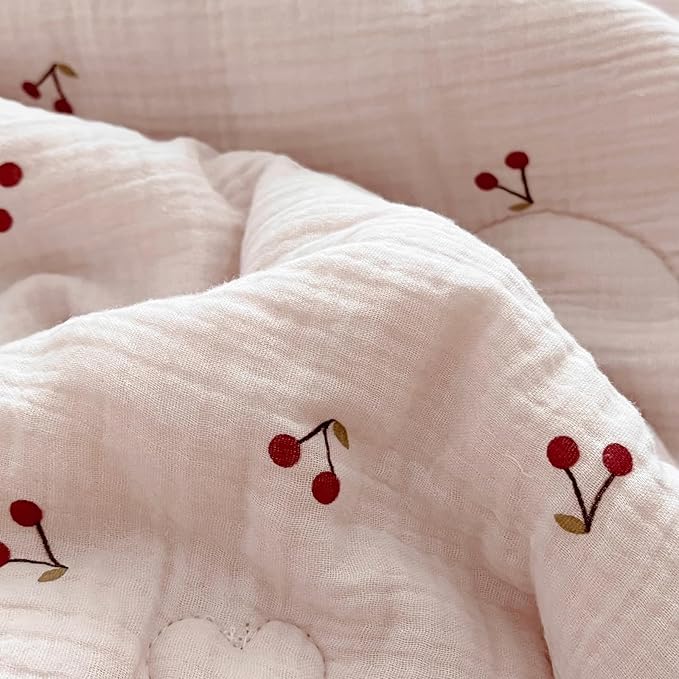 BuLuTu Kids Toddler Muslin Cotton Quilted Blanket 60x78 Inches, Cute Cherry Print Children Comforter for Toddler/Twin Bed, Soft Breathable Boys Girls Quilt, Machine Washable
