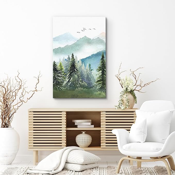 SIGNWIN Canvas Print Wall Art Watercolor Green Forest Tree Mountain Range Nature Landscape Prints Modern Art Woodland Nursery Decor for Living Room, Bedroom, Office - 12"x18"