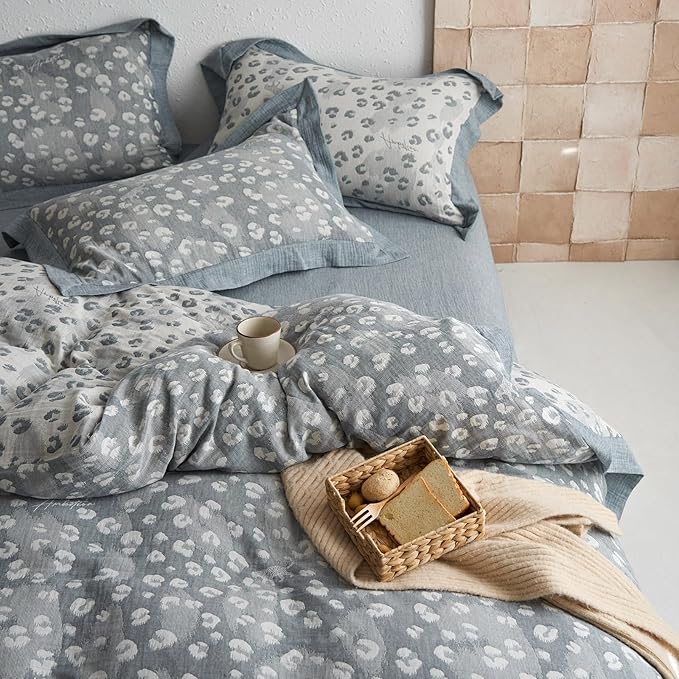 Grey Leopard Print Duvet Cover Queen Yarn-Dyed Cotton Linen Textured Duvet Cover Jacquard Design Bedding Set Queen Vintage Animal Cheetah Print Comforter Cover Leopard Pattern Boho Floral Bedding Set