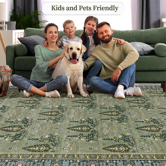 Tangsoo 5x7 Washable Area Rug for Living Room,Non Slip Vintage Boho Green Floral Indoor Rug for Bedroom Office, Soft Low Pile Foldable Floor Rugs for Dining Room Nursery Home Decor
