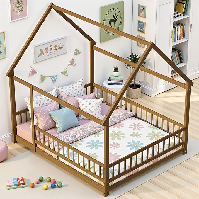 LLS Queen Size Montessori Floor Bed Frame with Slats and Fence, Wooden House Bed for Boys Girls Bedroom, Light Espresso