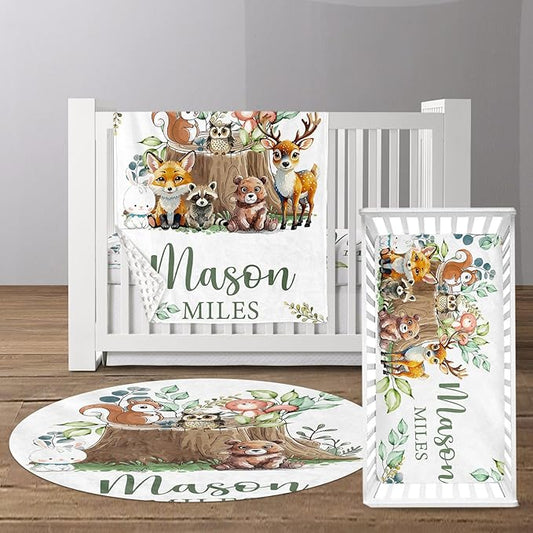 Custom Baby Crib Bedding Set - Animal Stump Design Personalized Name Baby Nursery Bedding 3 Pcs Set - Chic Soft Blanket, Fitted Sheet, Room Rug for Newborns Boys Girls Gifts