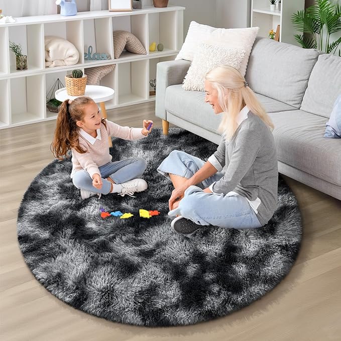 EVOIONOS Tie-Dyed Dark Grey Round Rug for Bedroom, 4x4 Ft Fluffy Soft Circle Area Rugs for Living Room, Plush Shaggy Circular Carpet for Indoor Floor Bedside Kids Nursery, Home Decor Aesthetic