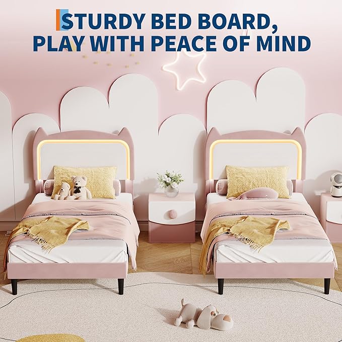 Twin Princess Bed Frame for Girls with LED Lights & Heavy-Duty Bed Leg Supports - Pink Velvet Upholstered Cat Headboard Platform Bed - Enhanced Stability, No Box Spring Needed, App/Remote Control