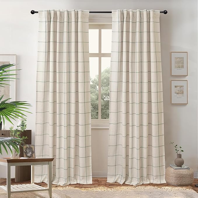 DriftAway 2 Panels 100% Blackout Windowpane Plaid Linen Curtains Double Layer Drapes for Bedroom 84 Inches Long Farmhouse Thermal Insulated 3.25 Inch Rod Pocket Back Tab for Living Room Loden Green