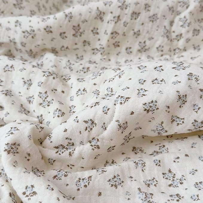 BuLuTu Muslin Cotton Quilt for Toddler Girls Boys, Blue Brown Floral Blanket for Crib/Cot/Toddler Bed Blanket, Soft Lightweight Kids Comforter with Lace Edges, 60x78 Inches, No Pillow Case