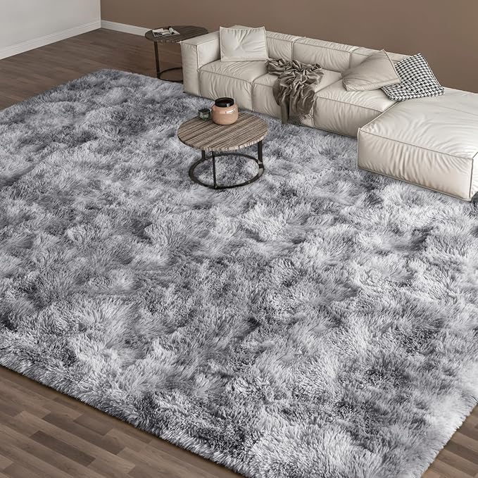 EVOIONOS Area Rug for Living Room Bedroom, Washable 6x9 Fluffy Shag Large Rug, Soft Plush Non Slip Carpet for Indoor Floor Bedside Nursery Kids Room, Dorm, Home Decor Aesthetic, Tie-Dyed Light Grey