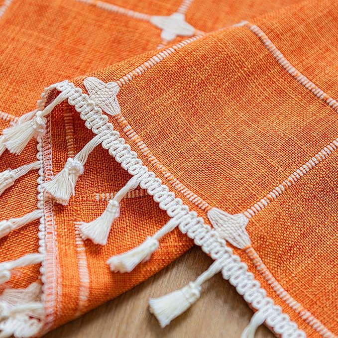 Deeprove Burnt Orange Boho Curtain Valance 18 Inches Length Teal Bohemian Lattice Gingham Textured Embroidery Plaids, Vintage Chic Tassels Casual Fall Decor Drapes Rod Pocket, 1 Panel W52 x L18