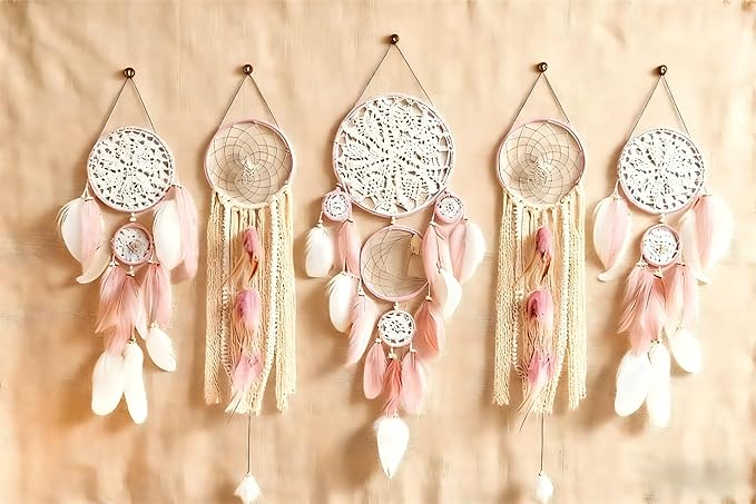 Dream Catcher Wall Decor,Large Boho Dream Catcher with Luxurious Feathers & Beads, Handmade Wall Hanging for Bedroom, Nursery, Living Room, Gift Ready for Girls & Adults (Pink)