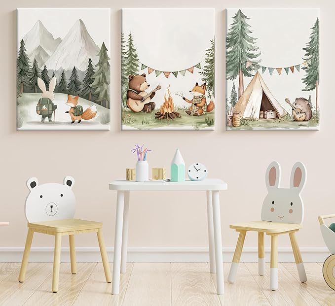 Woodland Animal Nursery Canvas Wall Art Fox Bear Rabbit Hedgehog Paintings Pictures Safari Nursery Wall Decor Forest Animals Camping Campfire Poster Print Artwork for Boys Kids Room Home Decoration
